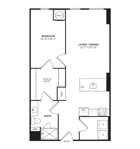 Floor plan for 1 bed, 1 bath, 768 sqft